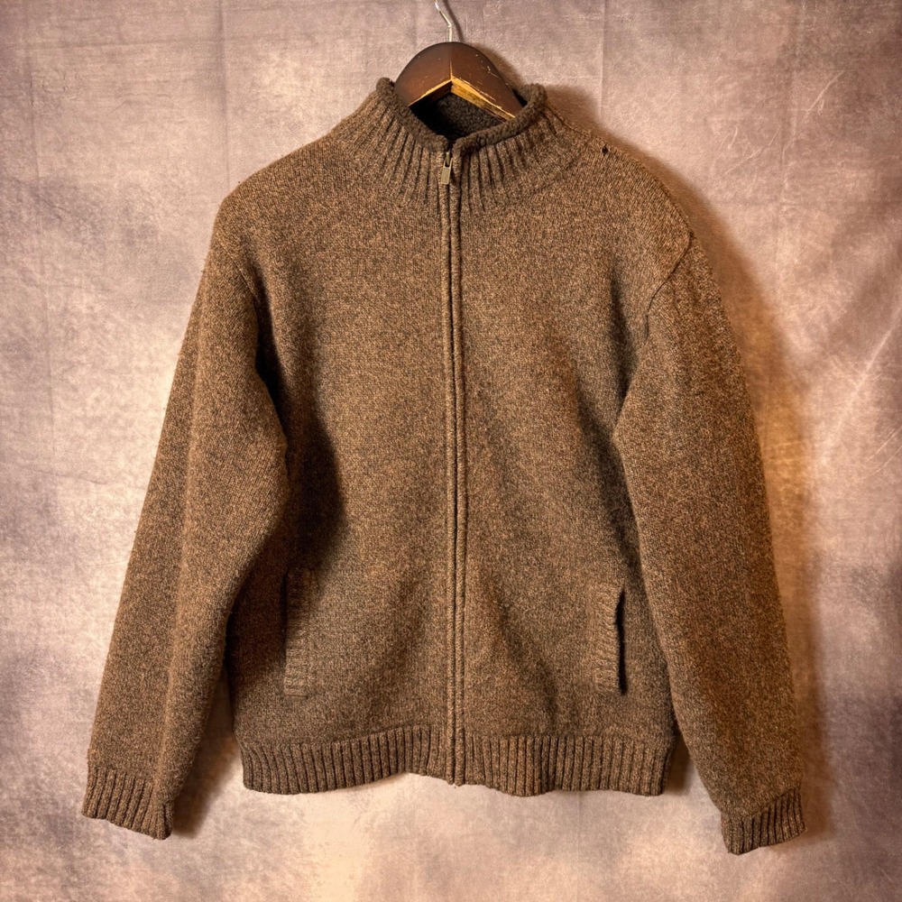 LL Bean Mens Brown Lambswool Full Zip Fleece Lined Cardigan Sweater Size M Reg